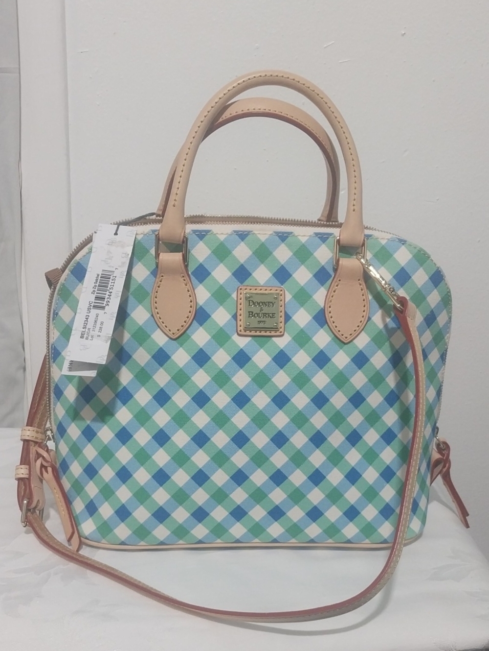 Dooney & Bourke Blue and Green Plaid Satchel with Tan Trim